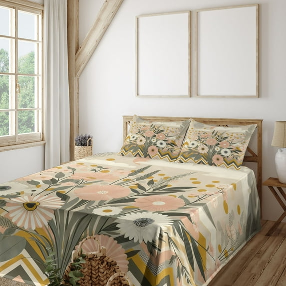 Ambesonne Floral Eucalyptus Fitted & Top Sheet Set with Shams, Boho Nordic Art, Blush Eggshell Amber