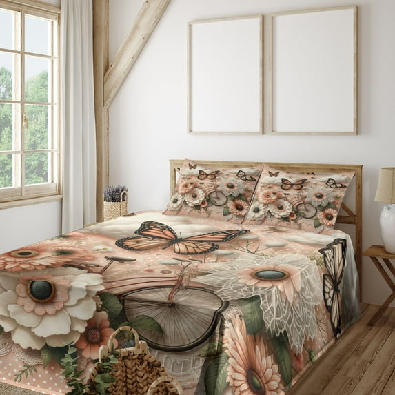 Ambesonne Floral Eucalyptus Fitted & Top Sheet Set with Shams, Flowers and Bike, Peach Peacock Green