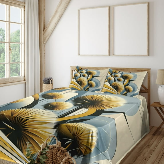 Ambesonne Floral Eucalyptus Fitted & Top Sheet Set with Shams, Summery Thistles, Mustard Blue Grey Cream