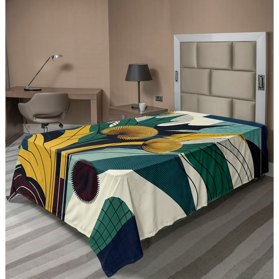 Ambesonne Floral Eucalyptus Flat Sheet, Abstract Thistles, Twin Size, Teal Mustard Blue