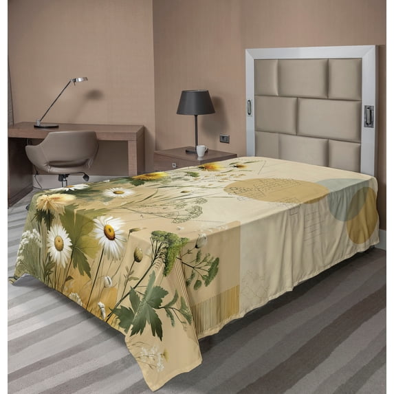 Ambesonne Floral Eucalyptus Flat Sheet, Pastel Abloom, Twin Size, Ivory Sage Green Mustard