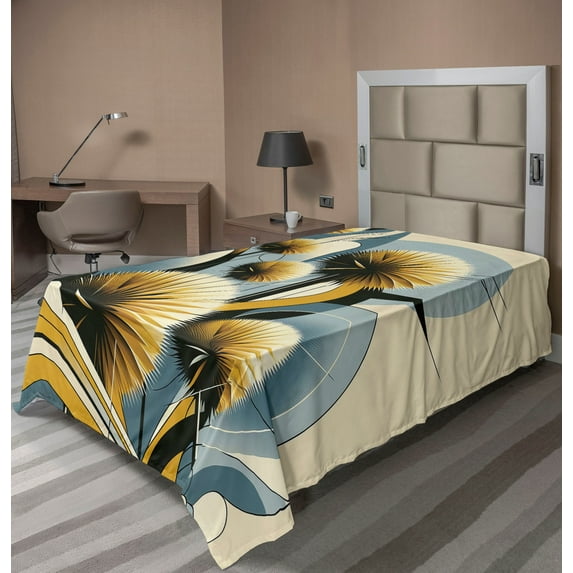 Ambesonne Floral Eucalyptus Flat Sheet, Summery Thistles, Twin Size, Mustard Blue Grey Cream