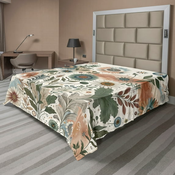 Ambesonne Floral Eucalyptus Flat Sheet, Tender Garden, Queen Size, Pale Rose Slate Blue