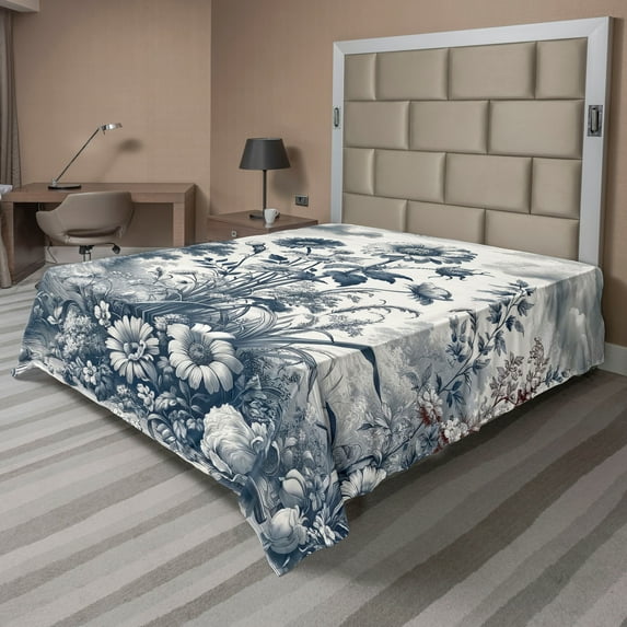 Ambesonne Floral Eucalyptus Flat Sheet, Vintage Flowering, King Size, Slate Blue and Burgundy