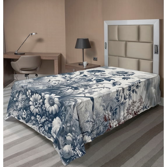 Ambesonne Floral Eucalyptus Flat Sheet, Vintage Flowering, Twin Size, Slate Blue and Burgundy