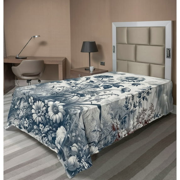 Ambesonne Floral Eucalyptus Flat Sheet, Vintage Flowering, TwinXL Size, Slate Blue and Burgundy