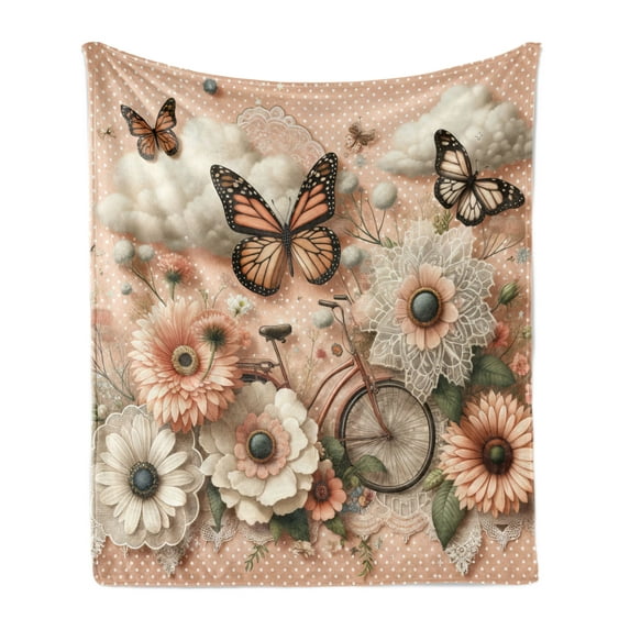 Ambesonne Floral Eucalyptus Fleece Throw Blanket Flowers and Bike 60"x80" Peach Peacock Green