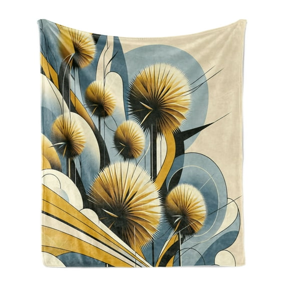 Ambesonne Floral Eucalyptus Fleece Throw Blanket Summery Thistles 70"x90" Mustard Blue Grey Cream