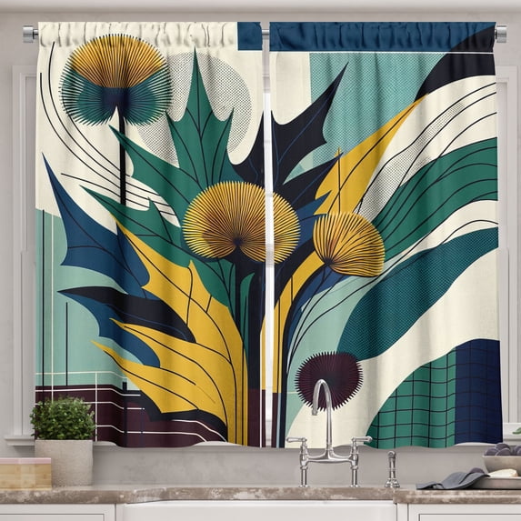 Ambesonne Floral Eucalyptus Kitchen Curtains, Abstract Thistles, 55"x24", Teal Mustard Blue