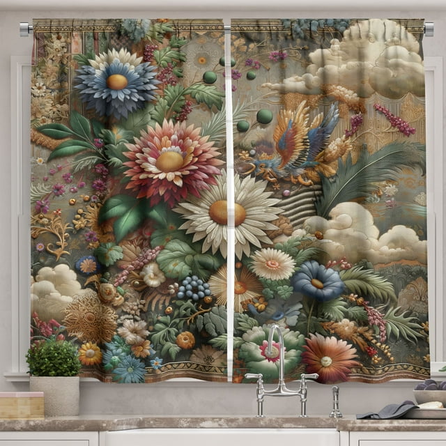 Ambesonne Floral Eucalyptus Kitchen Curtains, Art Nouveau Bloom, 55"x36", Sepia Multicolor