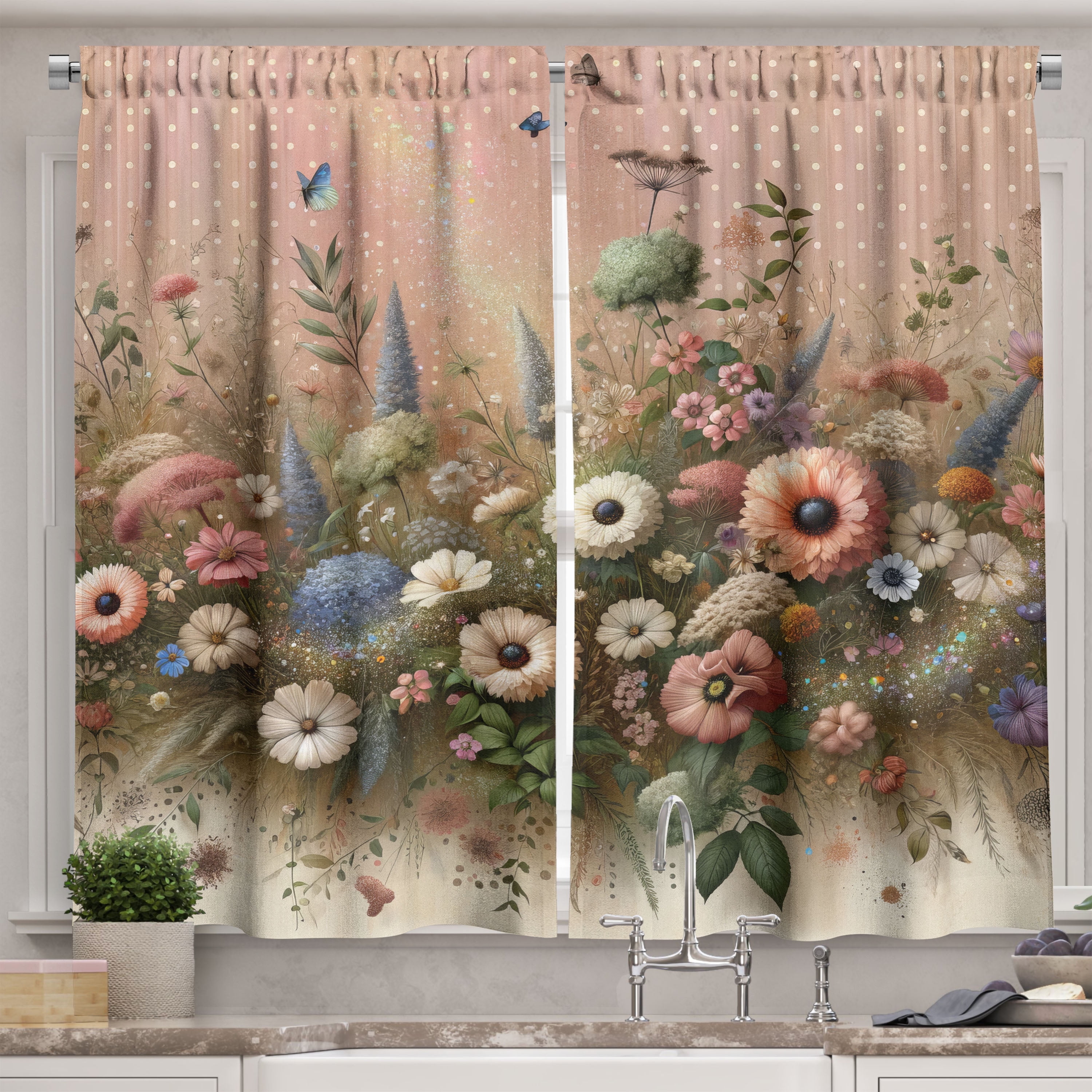 Floral Eucalyptus Rose and Olive Green Kitchen Window Curtains