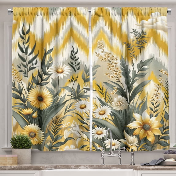 Ambesonne Floral Eucalyptus Kitchen Curtains, Botanical Chevron, 55"x36", Mustard and Laurel Green