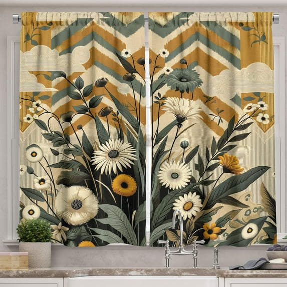 Ambesonne Floral Eucalyptus Kitchen Curtains, Century Modern, 55"x36", Amber Laurel Green