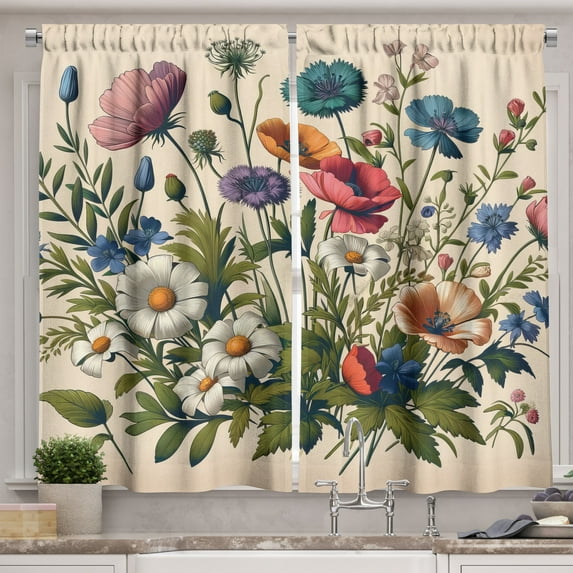 Ambesonne Floral Eucalyptus Kitchen Curtains, Colorful Blossomy, 55"x36", Champagne and Multicolor