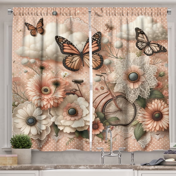 Ambesonne Floral Eucalyptus Kitchen Curtains, Flowers and Bike, 55"x39", Peach Peacock Green