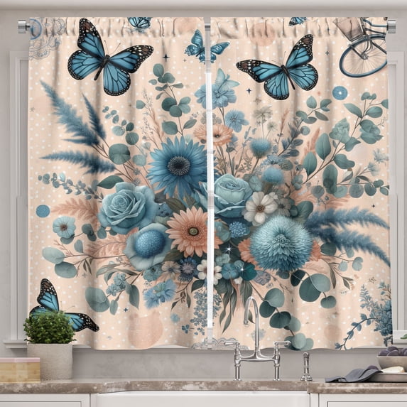 Ambesonne Floral Eucalyptus Kitchen Curtains, Joyful Spring, 55"x36", Blush and Sea Blue