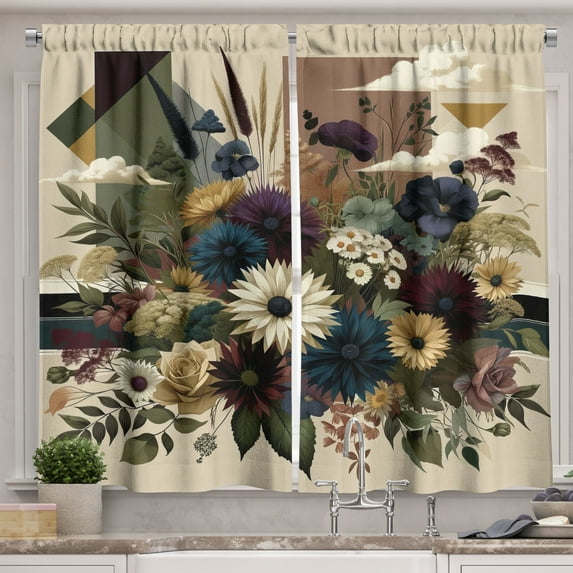 Ambesonne Floral Eucalyptus Kitchen Curtains, Rustic Seasonal, 55"x24", Eggshell Maroon Green
