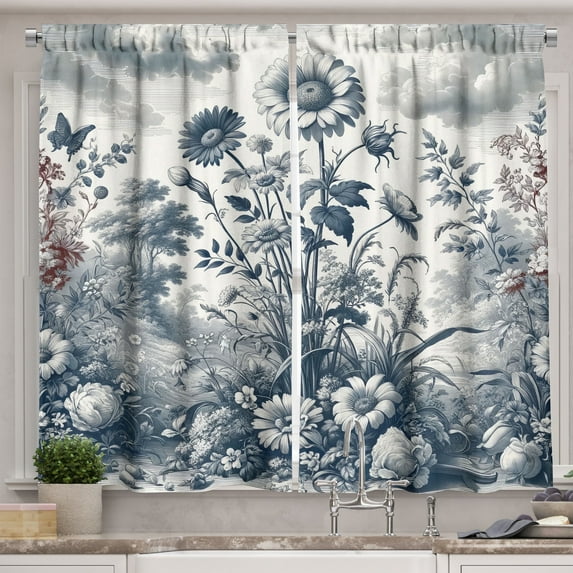 Ambesonne Floral Eucalyptus Kitchen Curtains, Vintage Flowering, 55"x30", Slate Blue and Burgundy