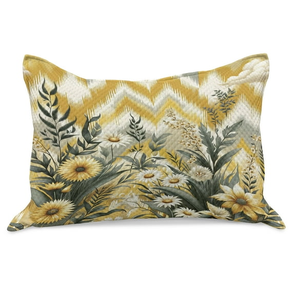 Ambesonne Floral Eucalyptus Knitted Quilt Pillowcover, Botanical Chevron, 30"x20", Mustard and Laurel Green