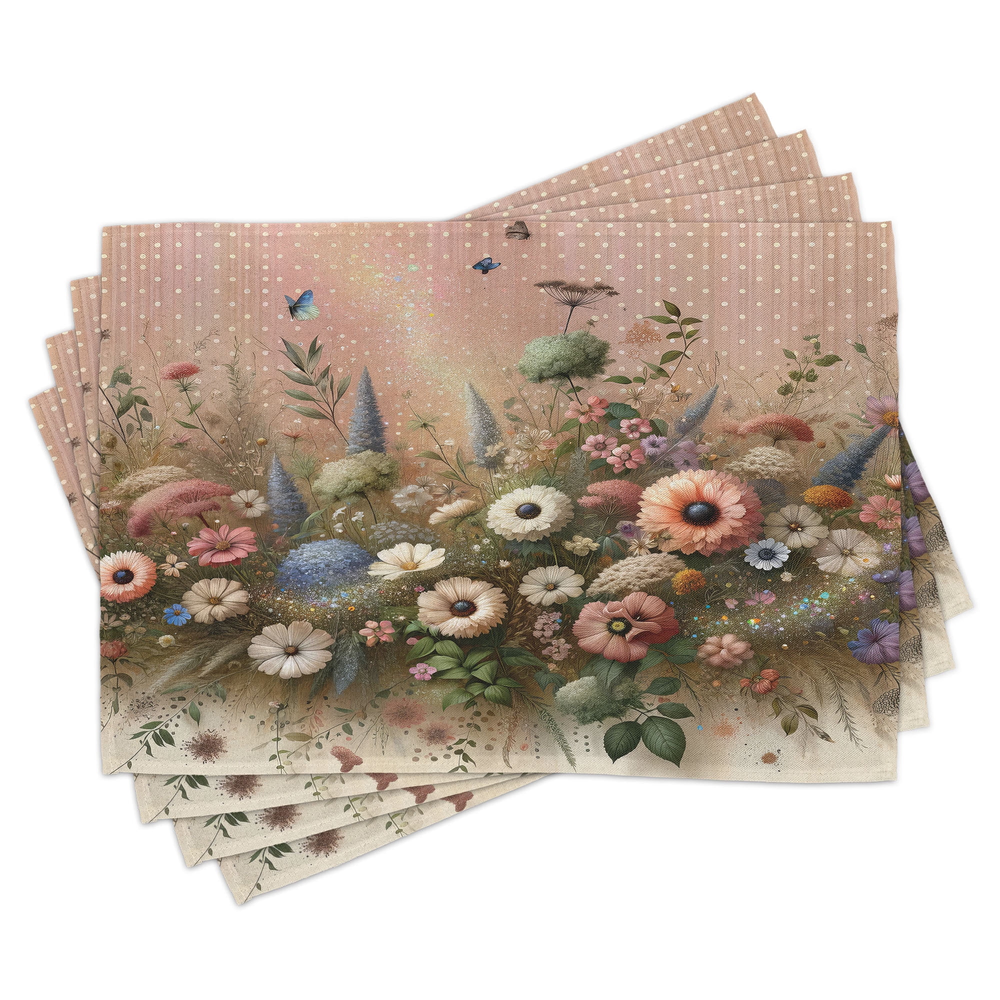 Rose and Olive Green Floral Polyester Rectangle Placemats Set of 4