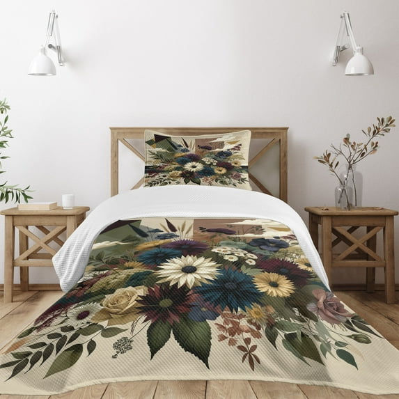 Ambesonne Floral Eucalyptus Quilted Bedspread Set 2 Pcs, Rustic Seasonal, Twin Size, Eggshell Maroon Green