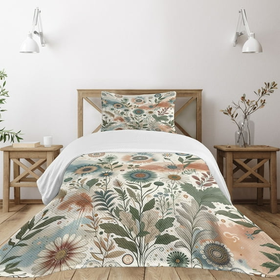 Ambesonne Floral Eucalyptus Quilted Bedspread Set 2 Pcs, Tender Garden, Twin Size, Pale Rose Slate Blue