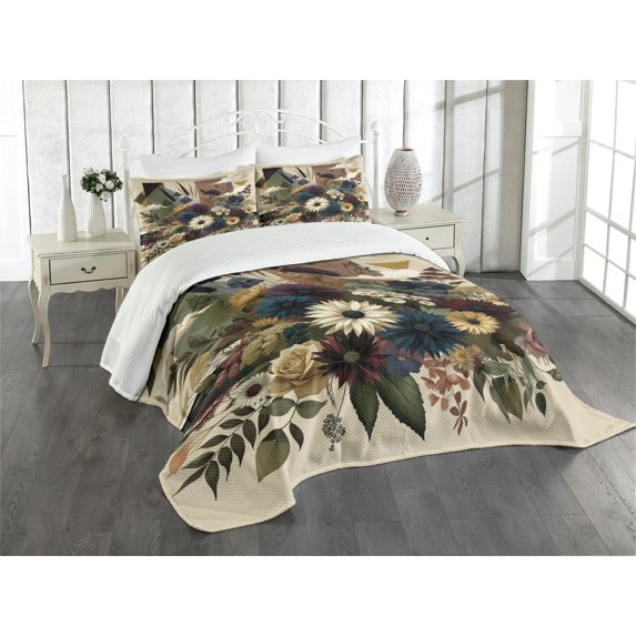 Ambesonne Floral Eucalyptus Quilted Bedspread Set 3 Pcs, Rustic Seasonal, King Size, Eggshell Maroon Green