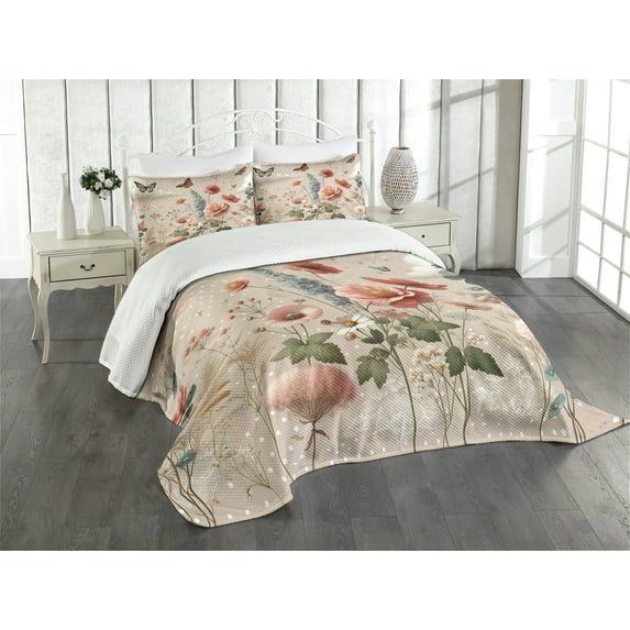 Ambesonne Floral Eucalyptus Quilted Bedspread Set 3 Pcs, Soft Efflorescent, King Size, Rose Warm Taupe Green