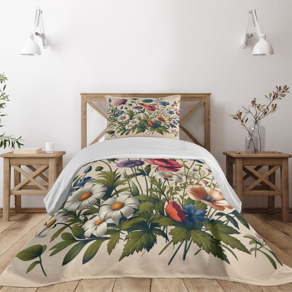 Ambesonne Floral Eucalyptus Quilted Coverlet 2 Pcs, Colorful Blossomy, Twin Size, Champagne and Multicolor