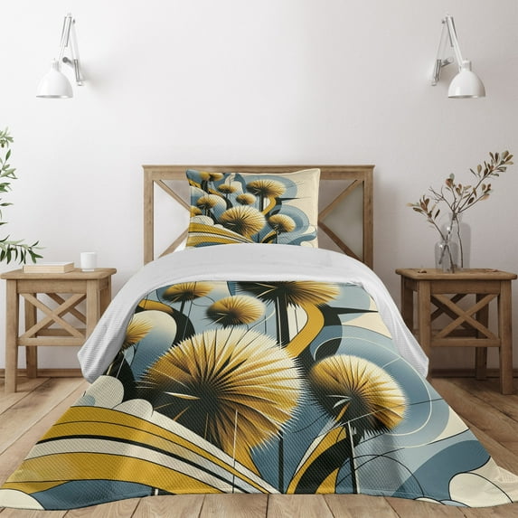 Ambesonne Floral Eucalyptus Quilted Coverlet 2 Pcs, Summery Thistles, Twin Size, Mustard Blue Grey Cream