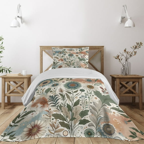 Ambesonne Floral Eucalyptus Quilted Coverlet 2 Pcs, Tender Garden, Twin Size, Pale Rose Slate Blue