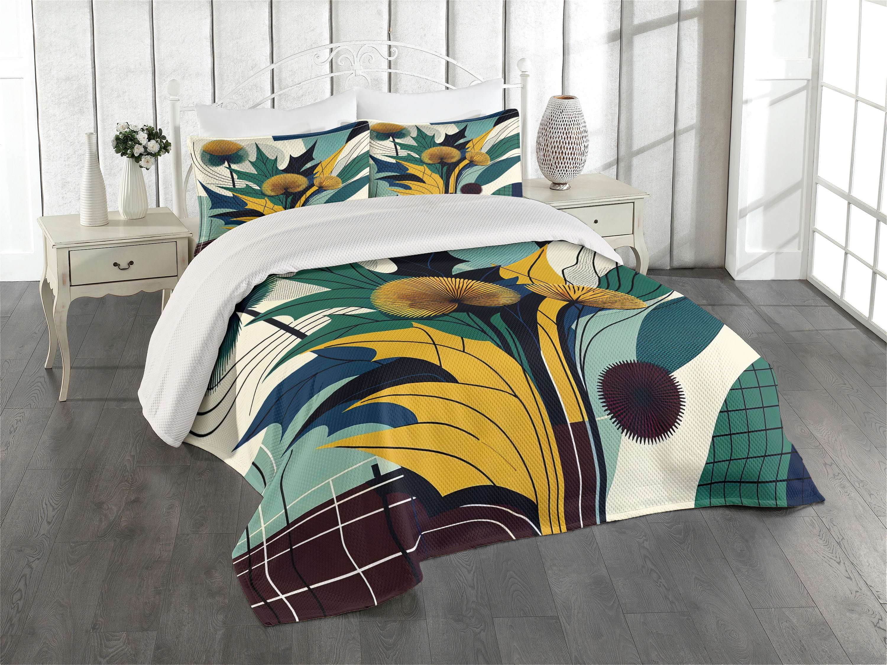 Ambesonne Floral Eucalyptus Quilted Coverlet 3 Pcs, Abstract Thistles ...