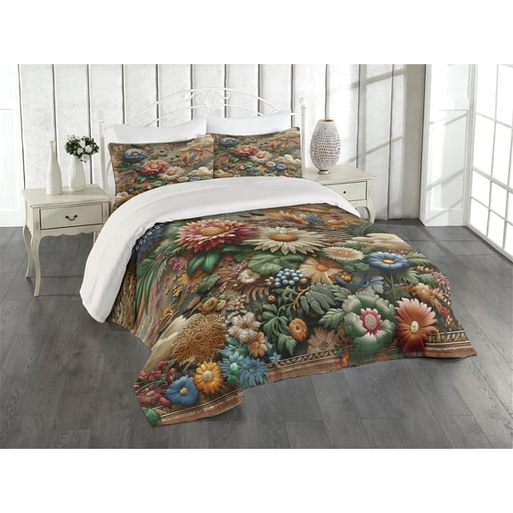Ambesonne Floral Eucalyptus Quilted Coverlet 3 Pcs, Art Nouveau Bloom, Queen Size, Sepia Multicolor