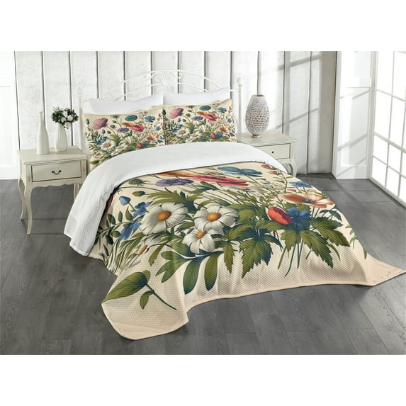Ambesonne Floral Eucalyptus Quilted Coverlet 3 Pcs, Colorful Blossomy, King Size, Champagne and Multicolor