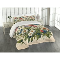 Ambesonne Floral Eucalyptus Quilted Coverlet 3 Pcs, Colorful Blossomy, Queen Size, Champagne and Multicolor