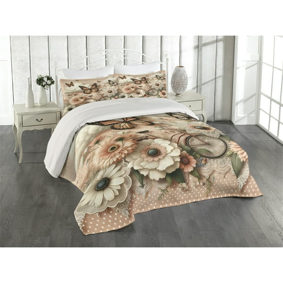 Ambesonne Floral Eucalyptus Quilted Coverlet 3 Pcs, Flowers and Bike, Queen Size, Peach Peacock Green