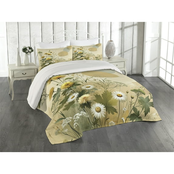 Ambesonne Floral Eucalyptus Quilted Coverlet 3 Pcs, Pastel Abloom, Queen Size, Ivory Sage Green Mustard