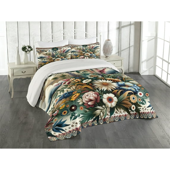 Ambesonne Floral Eucalyptus Quilted Coverlet 3 Pcs, Western Bloom, Queen Size, Dark Tan Multicolor