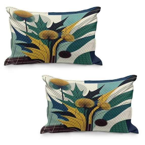 Ambesonne Floral Eucalyptus Quilted Pillowcover Set of 2, Abstract Thistles, 30" x 20", Teal Mustard Blue