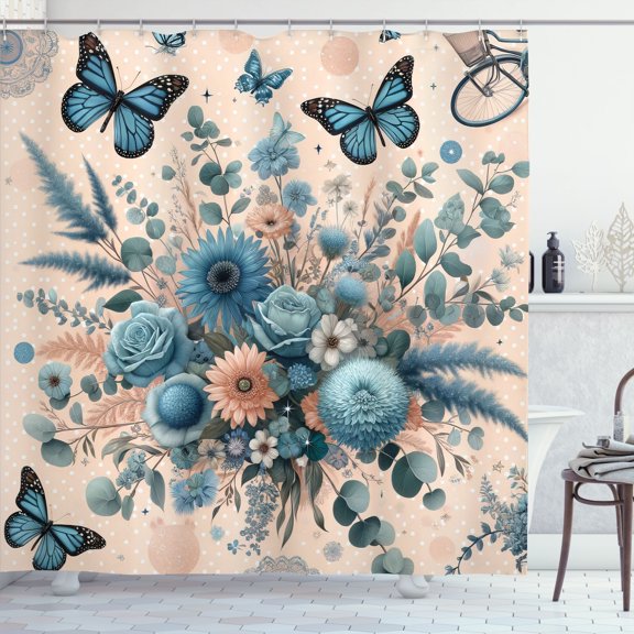 Ambesonne Floral Eucalyptus Shower Curtain, Joyful Spring, 69"Wx70"L, Blush and Sea Blue