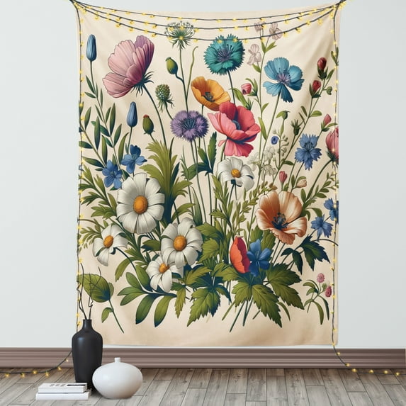 Ambesonne Floral Eucalyptus Tapestry Wall Hanging, Colorful Blossomy, 40"x60", Champagne and Multicolor