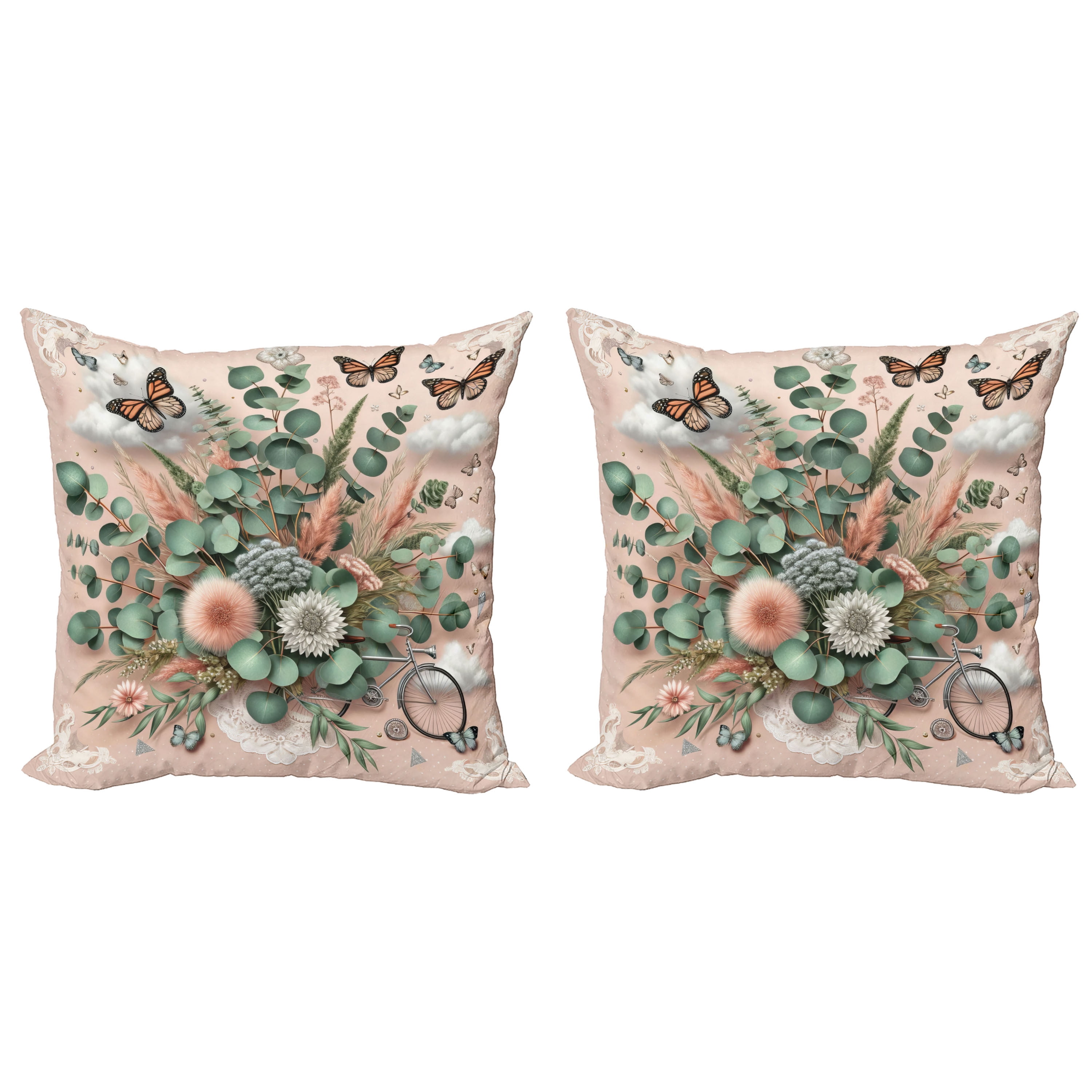 Pale Rose and Laurel Green Floral Microfiber Reversible Throw Pillow Set