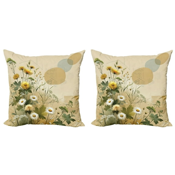 Ambesonne Floral Eucalyptus Throw Pillow Cover 2 Pack, Pastel Abloom, 20", Ivory Sage Green Mustard