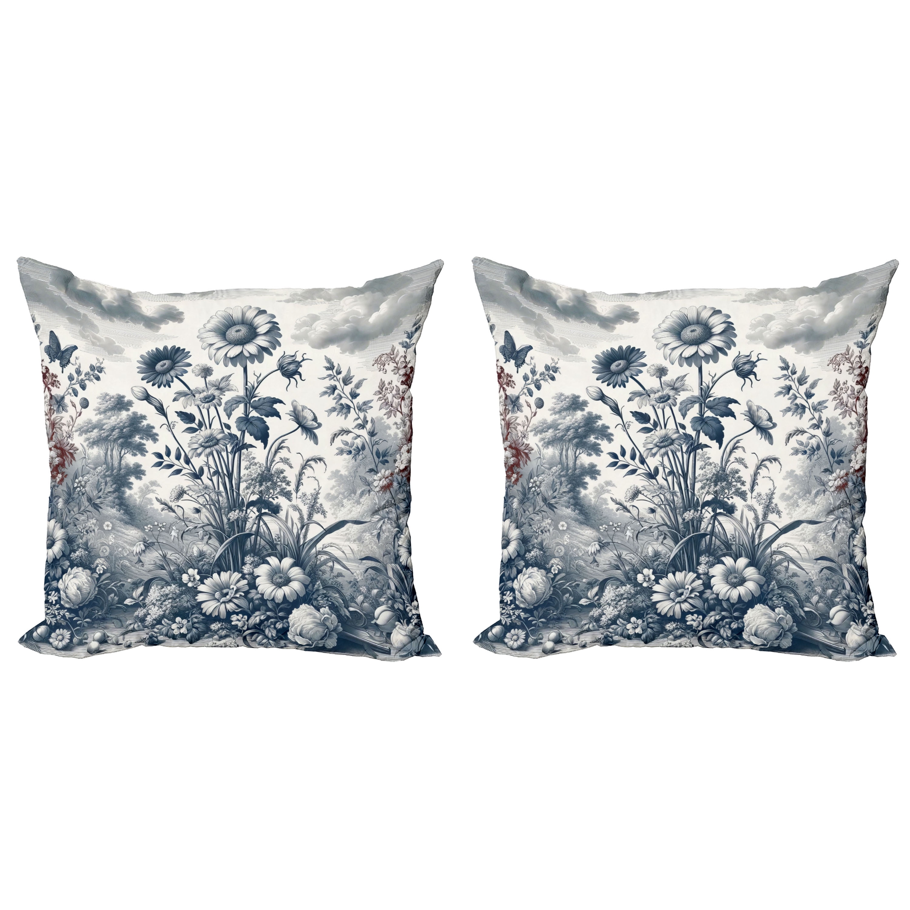 Slate Blue and Burgundy Floral Microfiber Reversible Throw Pillow Covers, Set of 2