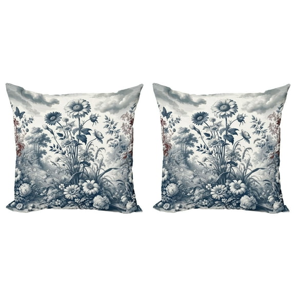 Ambesonne Floral Eucalyptus Throw Pillow Cover 2 Pack, Vintage Flowering, 16", Slate Blue and Burgundy