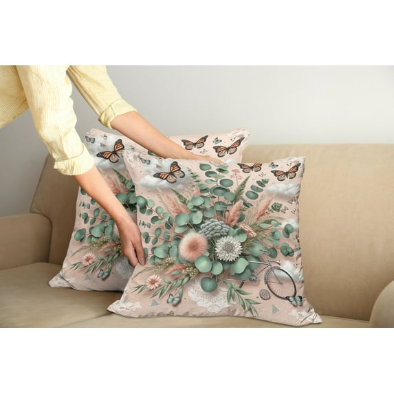 Ambesonne Floral Eucalyptus Throw Pillow Cover Pack of 2, Boho Wild Abloom, 2 Pcs-16"x16", Pale Rose Laurel Green