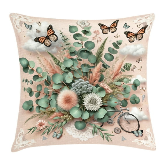 Ambesonne Floral Eucalyptus Throw Pillow Cushion Cover, Boho Wild Abloom, 16" X 16", Pale Rose Laurel Green