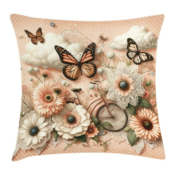 Ambesonne Floral Eucalyptus Throw Pillow Cushion Cover, Flowers and Bike, 36" X 36", Peach Peacock Green