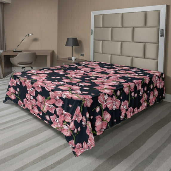 Ambesonne Floral Exotic Flat Bedding Sheet Soft Top Sheet, Oriental Flower Print, King, Pale Pink Black Green