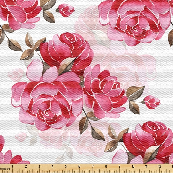 Ambesonne Floral Fabric by the Yard, Art Romantic Peony Petals, 5 Yards, Brown Pink and Magenta